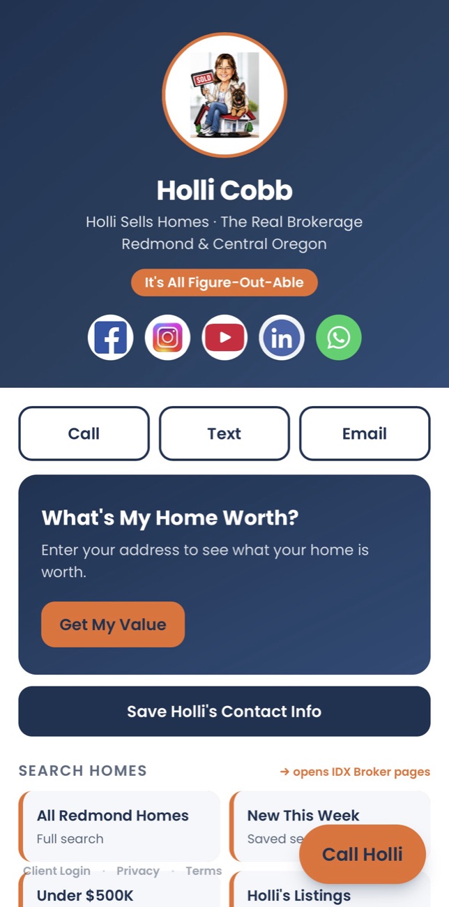 The Holli Sells Homes app on a phone, showing call, text and email buttons, a home value tool, and home search.